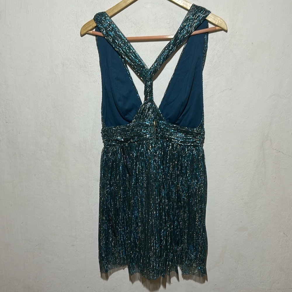 Lulus Ailey Gold and Teal Blue Skater Dress Size Medium NWT - Picture 6 of 10